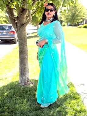 Turquoise Green Embellished Saree